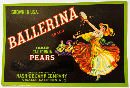 Vintage fruit crate label with lime-green border featuring red "Ballerina" text, illustrated Spanish dancer in yellow dress,