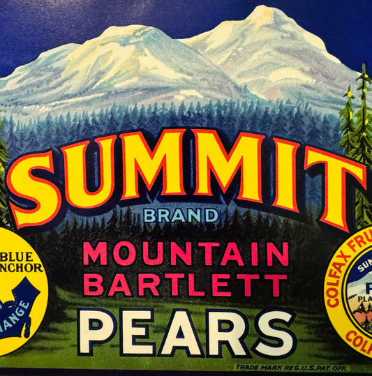 Vintage Summit Brand Mountain Bartlett Pears crate label featuring snow-capped mountain, forest, and bold yellow and red text
