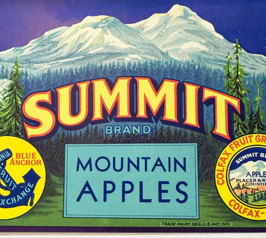 Vintage Summit Brand mountain apples crate label featuring snow-capped peaks, evergreen trees, and yellow circular produce ex