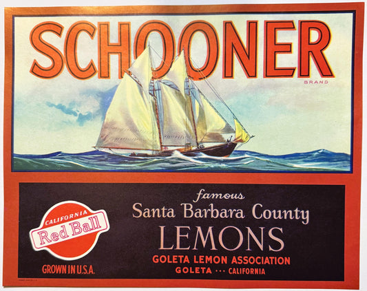 Vintage fruit crate label with orange border featuring a sailing schooner, red ball logo, and text for Santa Barbara County l