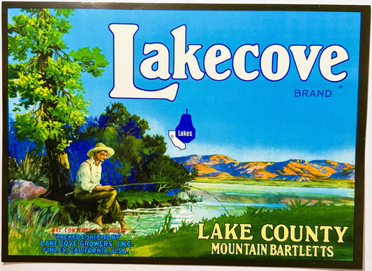 Vintage Lakecove Brand fruit crate label featuring a man fishing by a lake with mountains, trees, and California map graphic