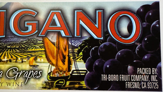 Vintage Lugano Grapes crate label with red bold lettering, vineyard scene, and dark purple grapes, packed by Tri-Boro Fruit C