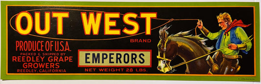 Vintage fruit crate label featuring "Out West Emperors" in yellow text, cowboy on horseback, produced by Reedley Grape Grower