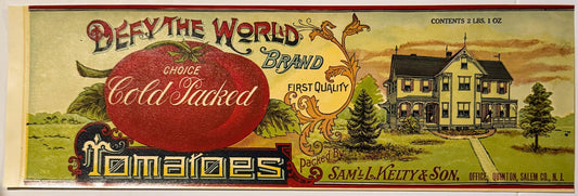 Vintage tomato can label with red tomato, farmhouse illustration, and ornate gold lettering for "Defy The World Brand" by Sam