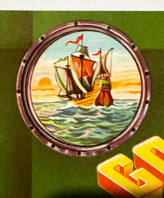 Vintage crate label featuring a sailing ship in a porthole frame against green background, with yellow and red shipping box v