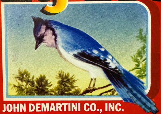 Vintage fruit crate label featuring a blue jay perched on a branch with green foliage, red border, yellow crescent moon, and