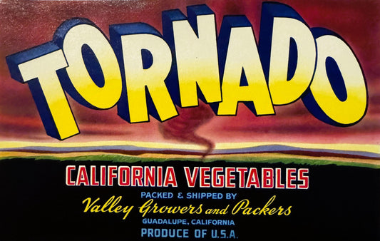 Vintage vegetable crate label featuring bold yellow "TORNADO" text with blue outline on red background, tornado illustration,