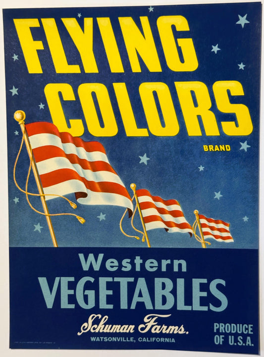 Vintage Flying Colors brand vegetable crate label featuring three waving American flags on dark blue background with yellow t