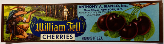 Vintage William Tell Cherries crate label featuring dark red cherries, ornate gold lettering, and a woodland scene with a fig