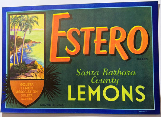 Vintage Estero brand lemon crate label with orange text on green background, featuring coastal landscape illustration and Gol