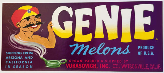 Vintage fruit crate label with cartoon genie character holding melon, purple background, "Genie Melons" in large yellow