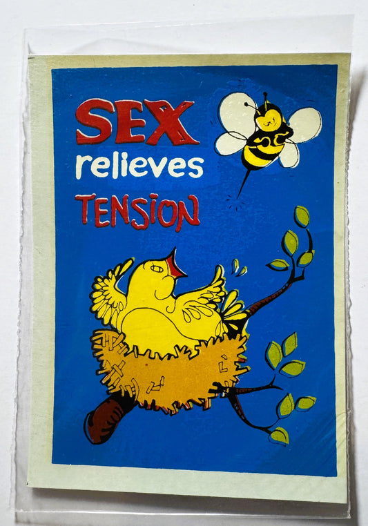 Vintage blue decal with red "SEX relieves TENSION" text, yellow bird and bee graphics, enclosed in clear plastic sleeve