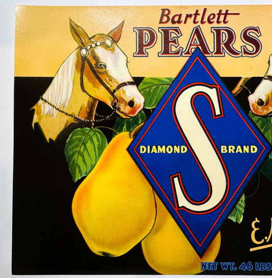 Vintage Diamond S Brand Bartlett Pears crate label with decorative horse, yellow pears, and blue diamond logo on golden backg