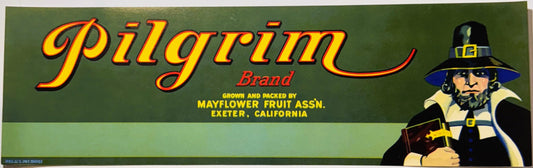 Vintage Pilgrim Brand fruit crate label with yellow script text, green background, and illustrated Pilgrim figure holding a c