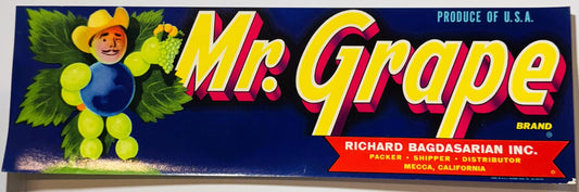 Vintage Mr. Grape fruit crate label with cartoon cowboy, yellow grapes, and red/yellow text on dark blue background, Richard