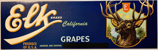 Vintage ELK Brand California grapes crate label with gold script text, elk head illustration, and "Produce of U.S.A." on dark