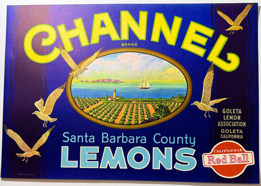 Vintage Channel Brand lemon crate label featuring yellow text on blue background with golden birds, agricultural landscape in