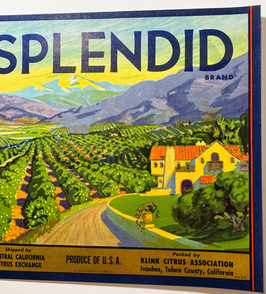 Vintage citrus crate label showing yellow farmhouse with mountain landscape, green vineyards, and "Splendid Brand" text from