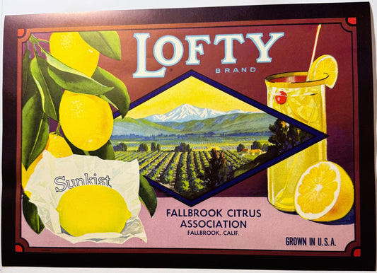 Vintage Lofty Brand lemon crate label featuring yellow lemons, mountain landscape, and lemonade imagery on red background, Fa