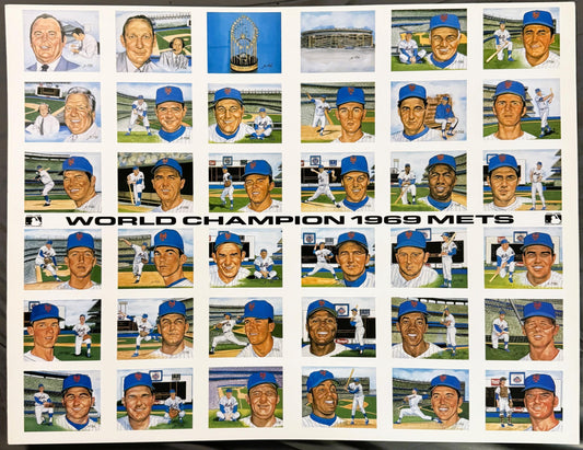 Full uncut Rini 1969 Mets press sheet, 36 painted panels in a 6x6 grid under the WORLD CHAMPION 1969 METS title strip