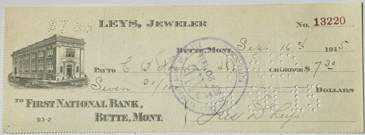 Vintage bank check from Leys Jeweler in Butte, Montana, dated September 16, 1915, for $7.30 payable to First National Bank, w