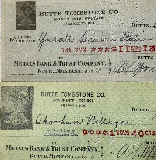 Two vintage Butte Tombstone Co. bank checks from Montana, showing handwritten payee names and amounts in red ink, printed on
