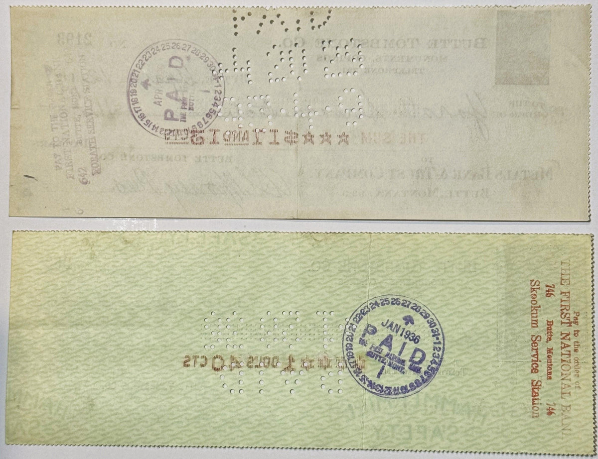 Front and back of a vintage bank check from Butte Tombstone Company with purple circular stamps and perforated holes, on crea