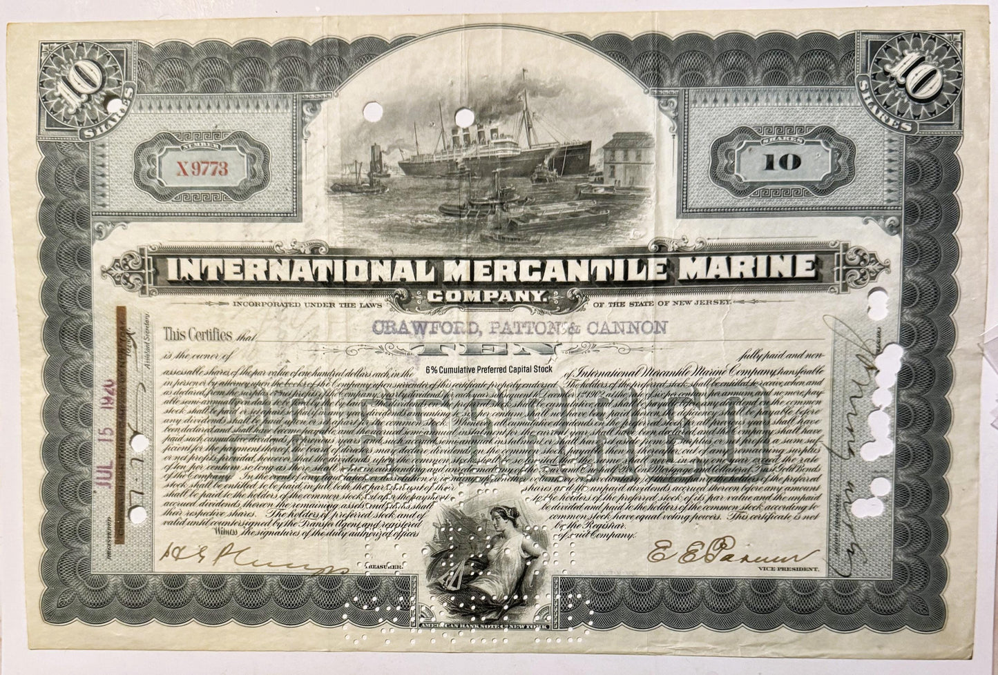 Vintage stock certificate for International Mercantile Marine Company, 10 shares, featuring engraved steamship vignette and o