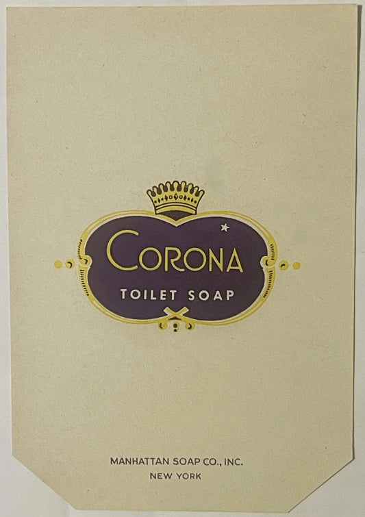 Vintage cream-colored soap label with dark purple ornate cartouche featuring gold "Corona Toilet Soap" text and crown, Manhat
