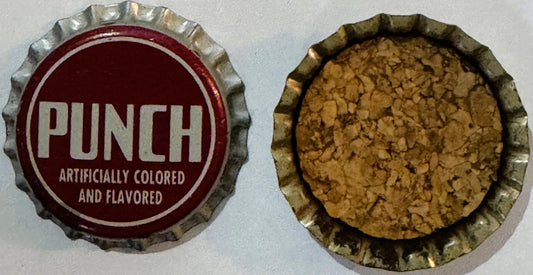 Vintage Punch soda bottle cap showing red and white front with "PUNCH ARTIFICIALLY COLORED AND FLAVORED" text, cork-lined int