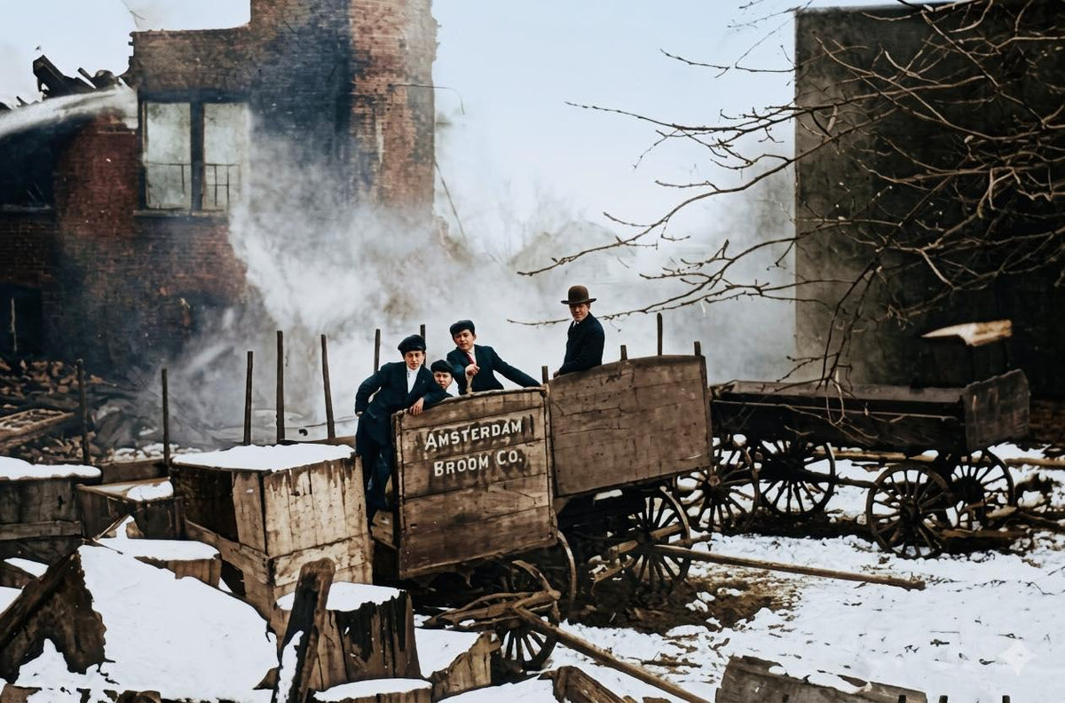 Four men in dark coats and hats stand on a wooden cart labeled "Amsterdam Broom Co" in a snowy industrial yard with brick bui