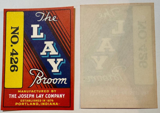 Front and back of "The Lay Broom No. 426" label, red, blue, yellow colors.