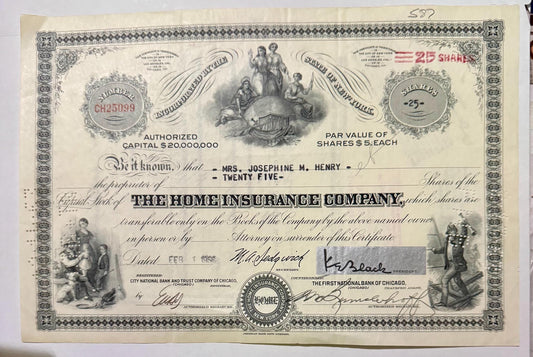 Vintage stock certificate from The Home Insurance Company