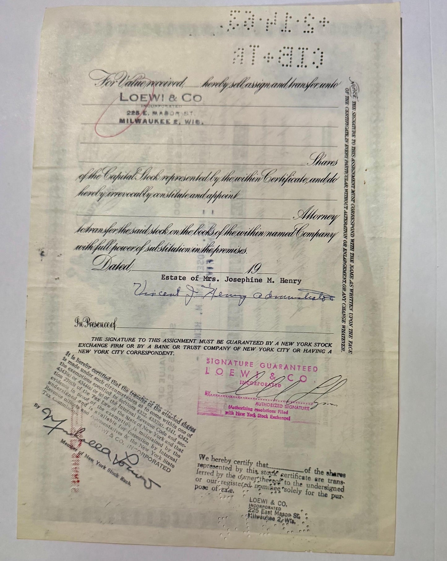 Aged stock certificate from Loewy & Co, Milwaukee, with handwritten signatures, red stamp marks, and braille dots visible at