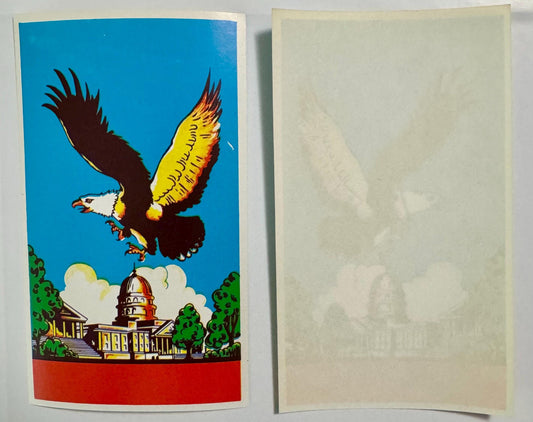 Vintage broom label featuring a bald eagle with yellow wings flying over a capitol building, bright blue sky background, red