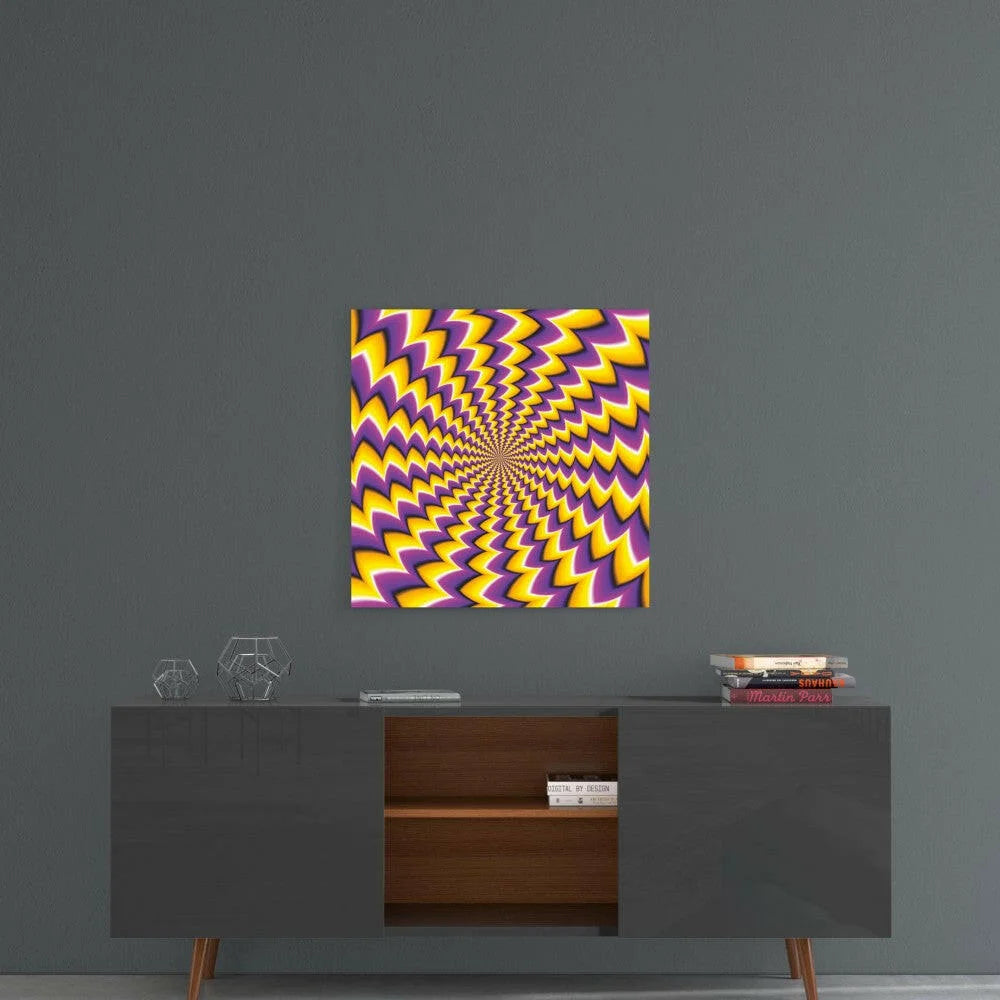 Vibrant yellow purple zigzag glass wall art optical illusion