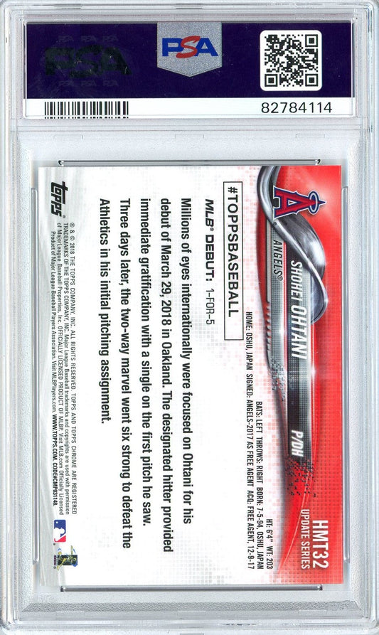 Back of graded 2018 Topps Chrome Update Shohei Ohtani rookie card showing text, Los Angeles Angels logo, and PSA certification label with barcode.