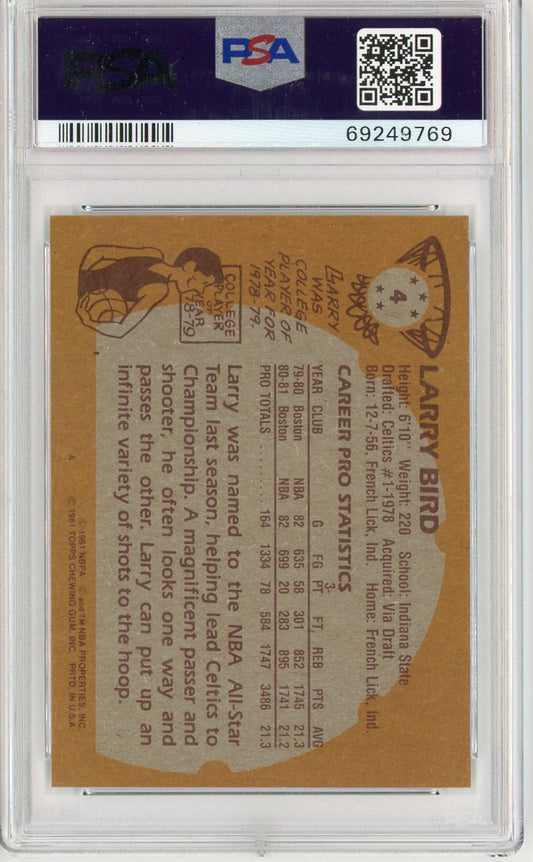 Reverse side of 1981 Topps Larry Bird basketball card showing tan background with printed statistics and biographical text, PSA graded holder visible at top.