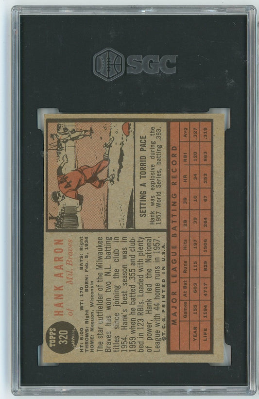 Back of 1962 Topps Hank Aaron baseball card #320 in SGC graded holder, showing statistics table and career information on tan cardstock.