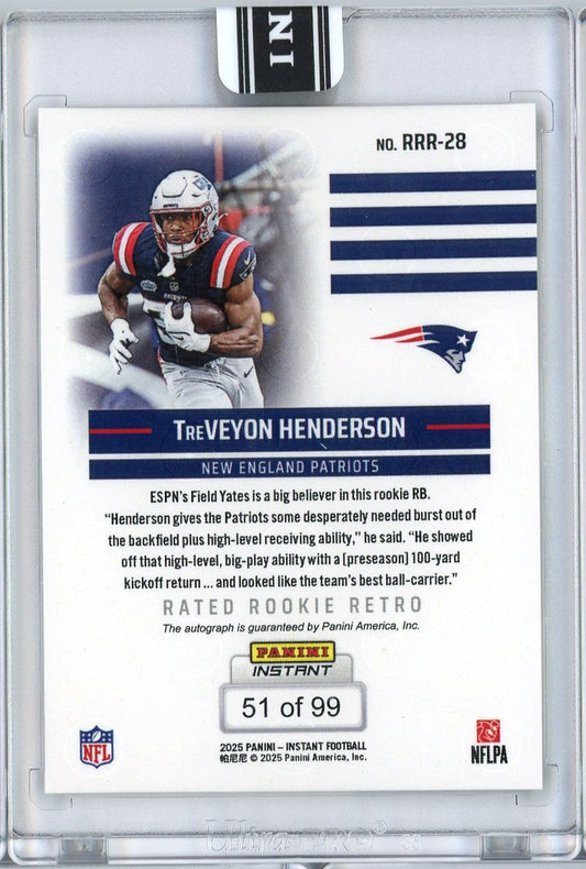 Back of football card showing TreVeyon Henderson in New England Patriots uniform with card number, team logo, and ESPN quote text on white background.