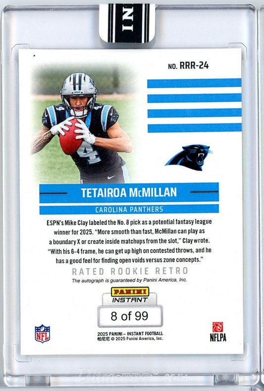 Back of a trading card showing Tetairoa McMillan in Carolina Panthers uniform with blue stripe design and autograph details, numbered 8 of 99.
