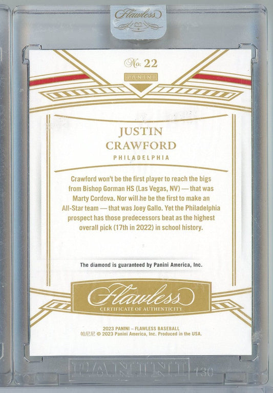Reverse side of 2023 Panini Flawless Justin Crawford baseball card showing gold and white design with player biography text and authenticity guarantee.