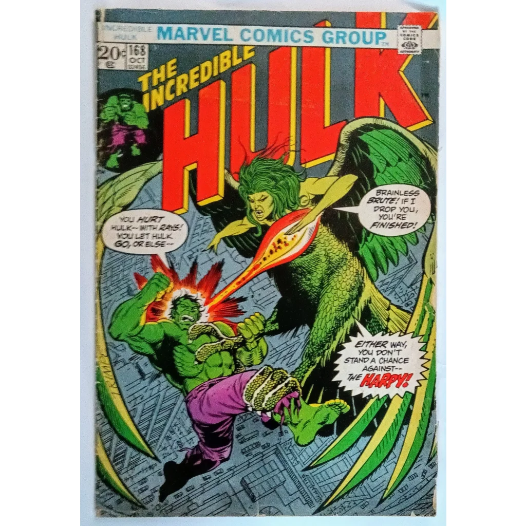 Incredible Hulk Issue 168 Marvel Comics cover with green superhero in action