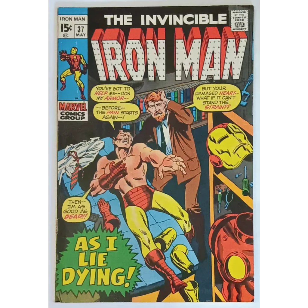 Vintage Iron Man Issue 37 Marvel Comics cover, red gold armored hero in action