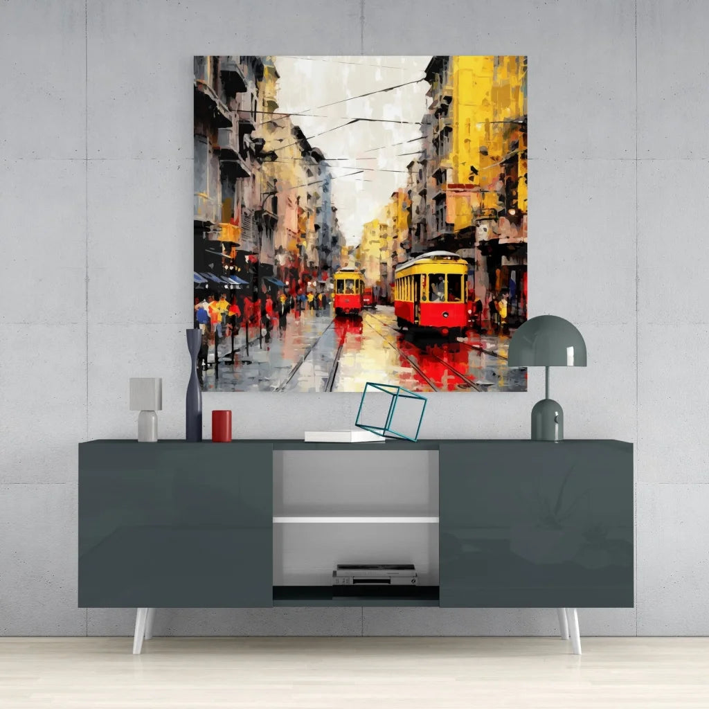 Vibrant tempered glass art of abstract city trams on wet streets
