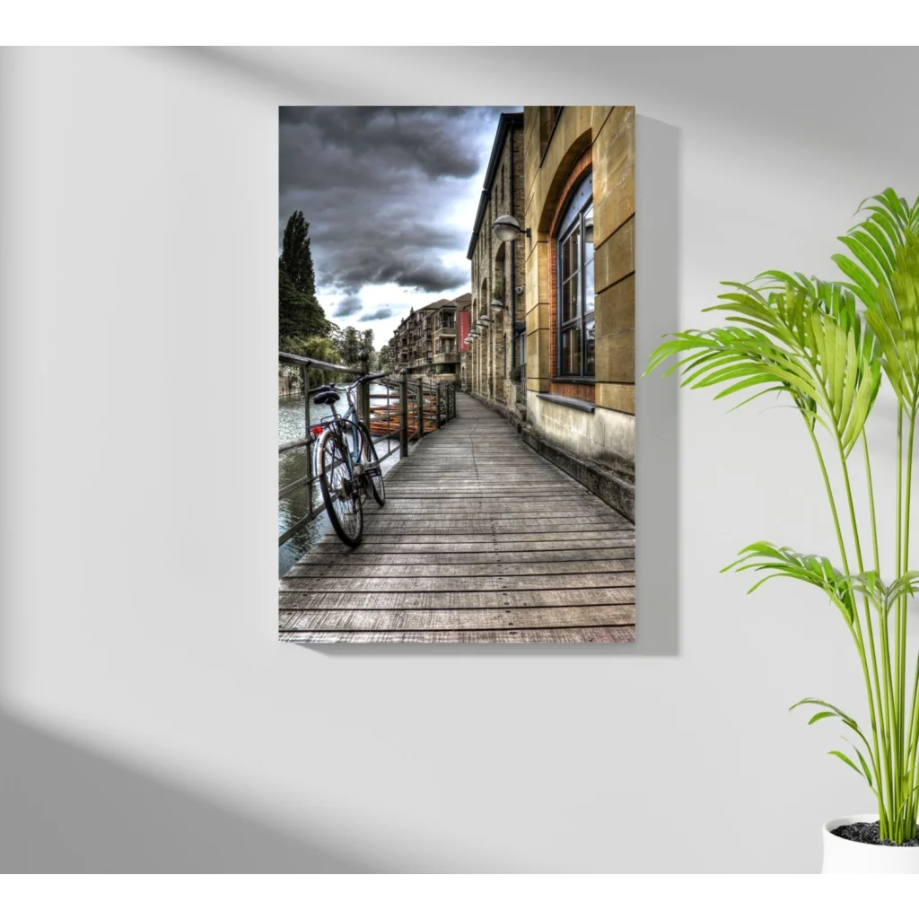 Vintage bicycle on boardwalk by canal, Insigne Aluminum Prints art