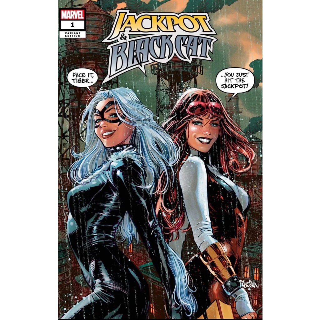 Comic book cover of Black Cat and Jackpot superheroes teaming up in Marvel adventure