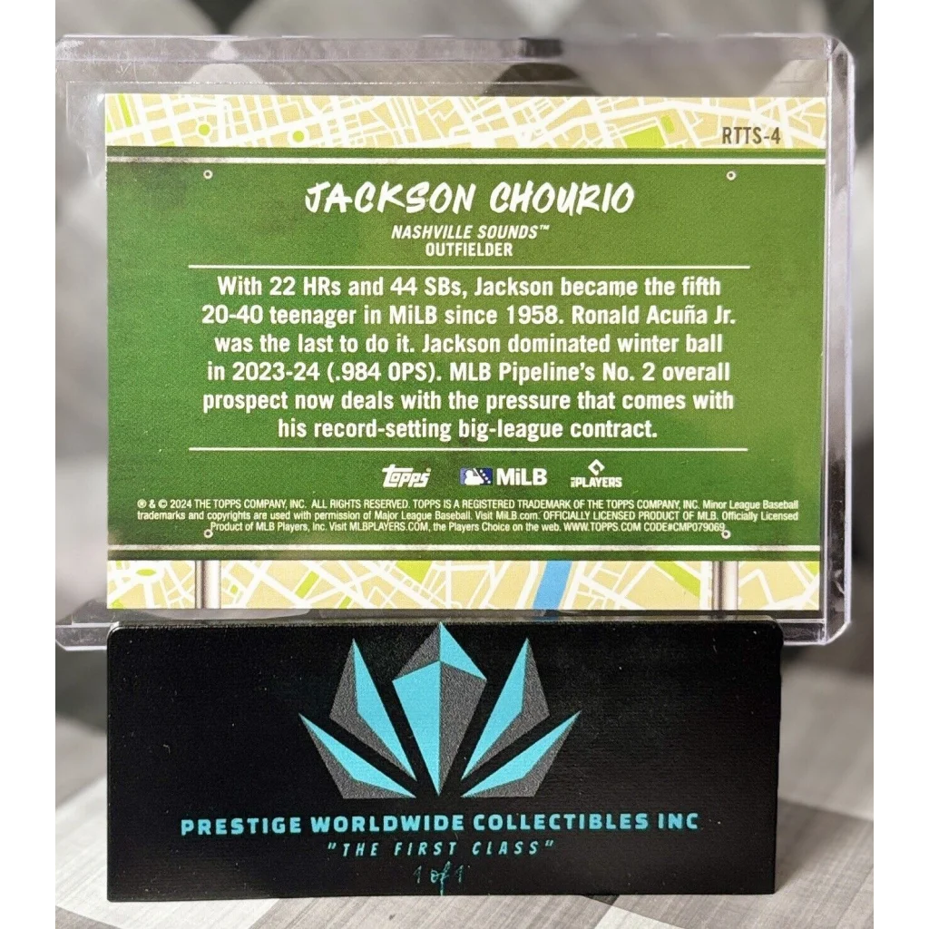 Jackson Chourio Topps card in clear case from Prestige Worldwide Collectibles