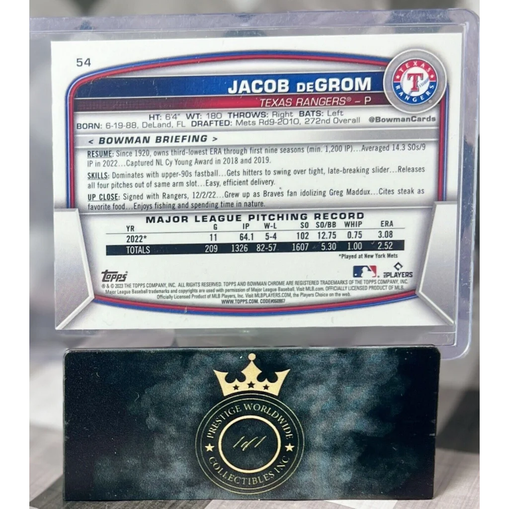 Jacob deGrom 2017 Bowman Chrome Rangers card with blue design at Prestige Worldwide
