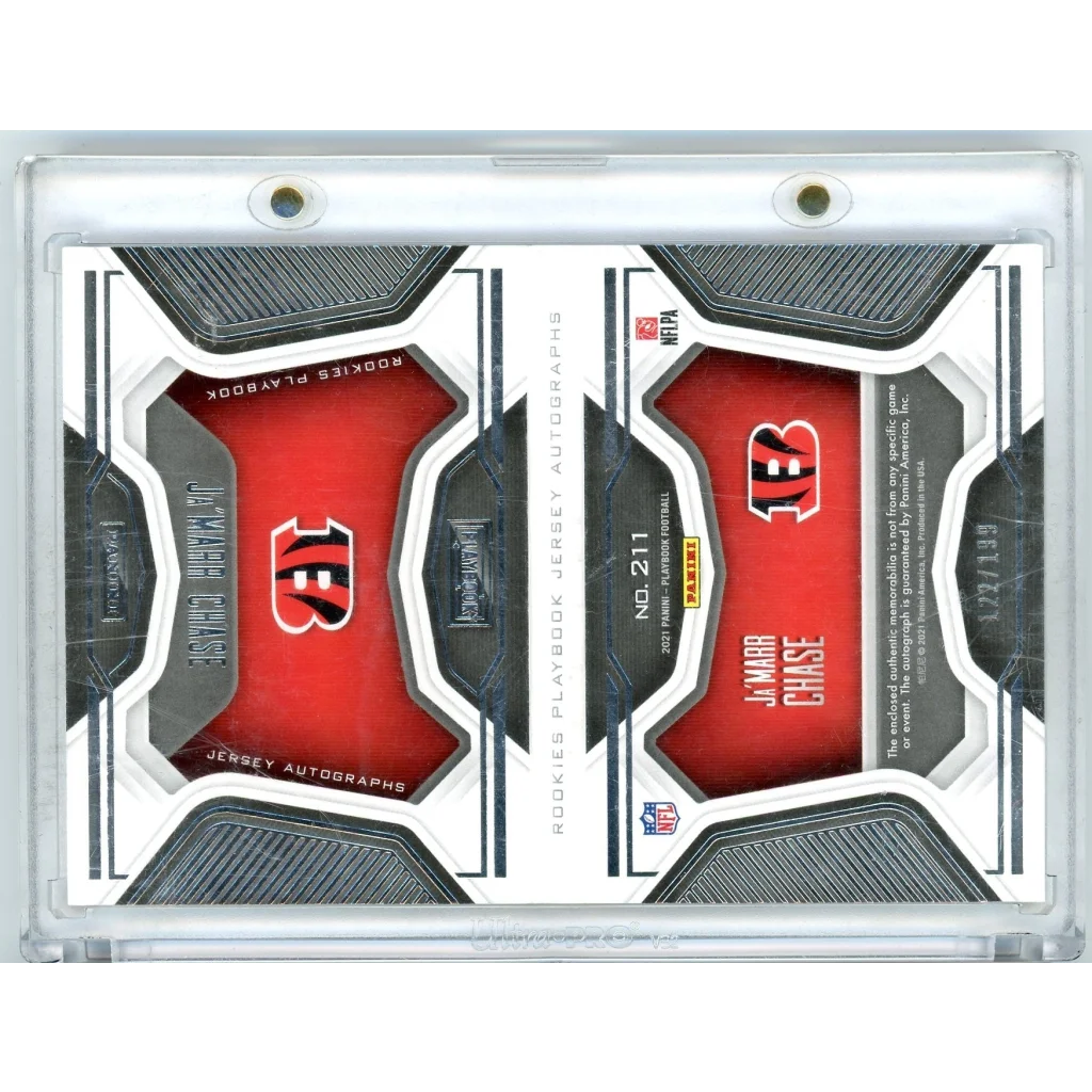 JaMarr Chase rookie jersey autograph trading card with authentication on display